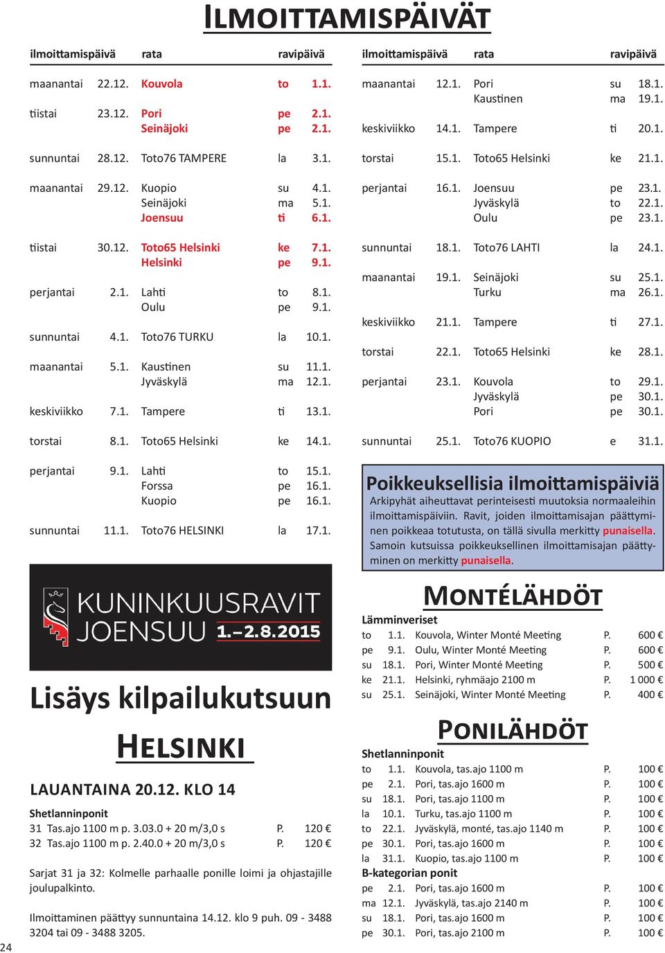 1. maanantai 5.1. Kaustinen su 11.1. Jyväskylä ma 12.1. keskiviikko 7.1. Tampere ti 13.1. torstai 8.1. Toto65 Helsinki ke 14.1. perjantai 9.1. Lahti to 15.1. Forssa pe 16.1. Kuopio pe 16.1. sunnuntai 11.
