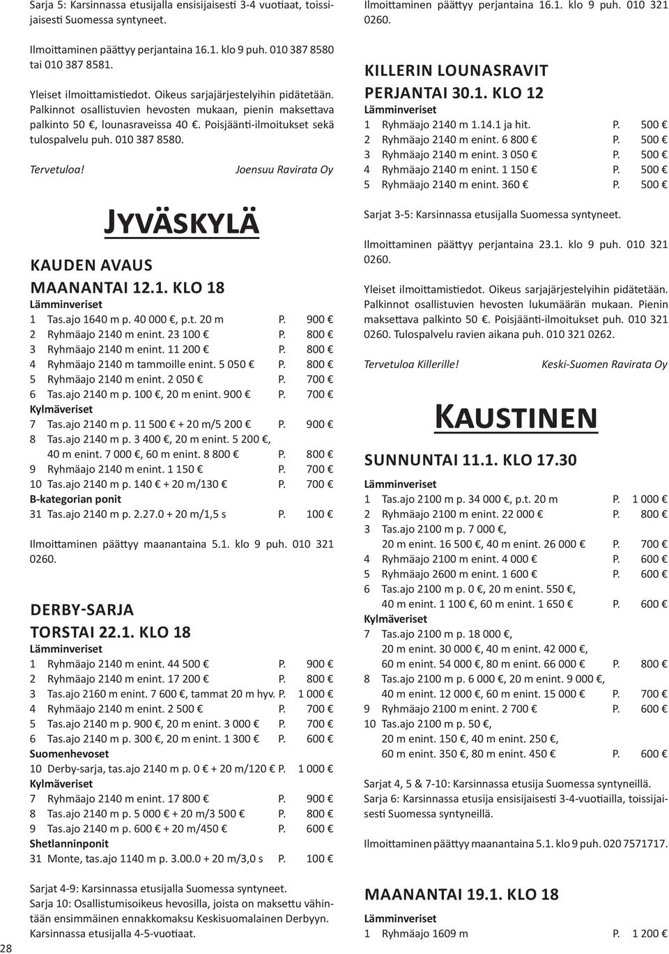 Jyväskylä Joensuu Ravirata Oy KAUDEN AVAUS MAANANTAI 12.1. KLO 18 1 Tas.ajo 1640 m p. 40 000, p.t. 20 m P. 900 2 Ryhmäajo 2140 m enint. 23 100 P. 800 3 Ryhmäajo 2140 m enint. 11 200 P.
