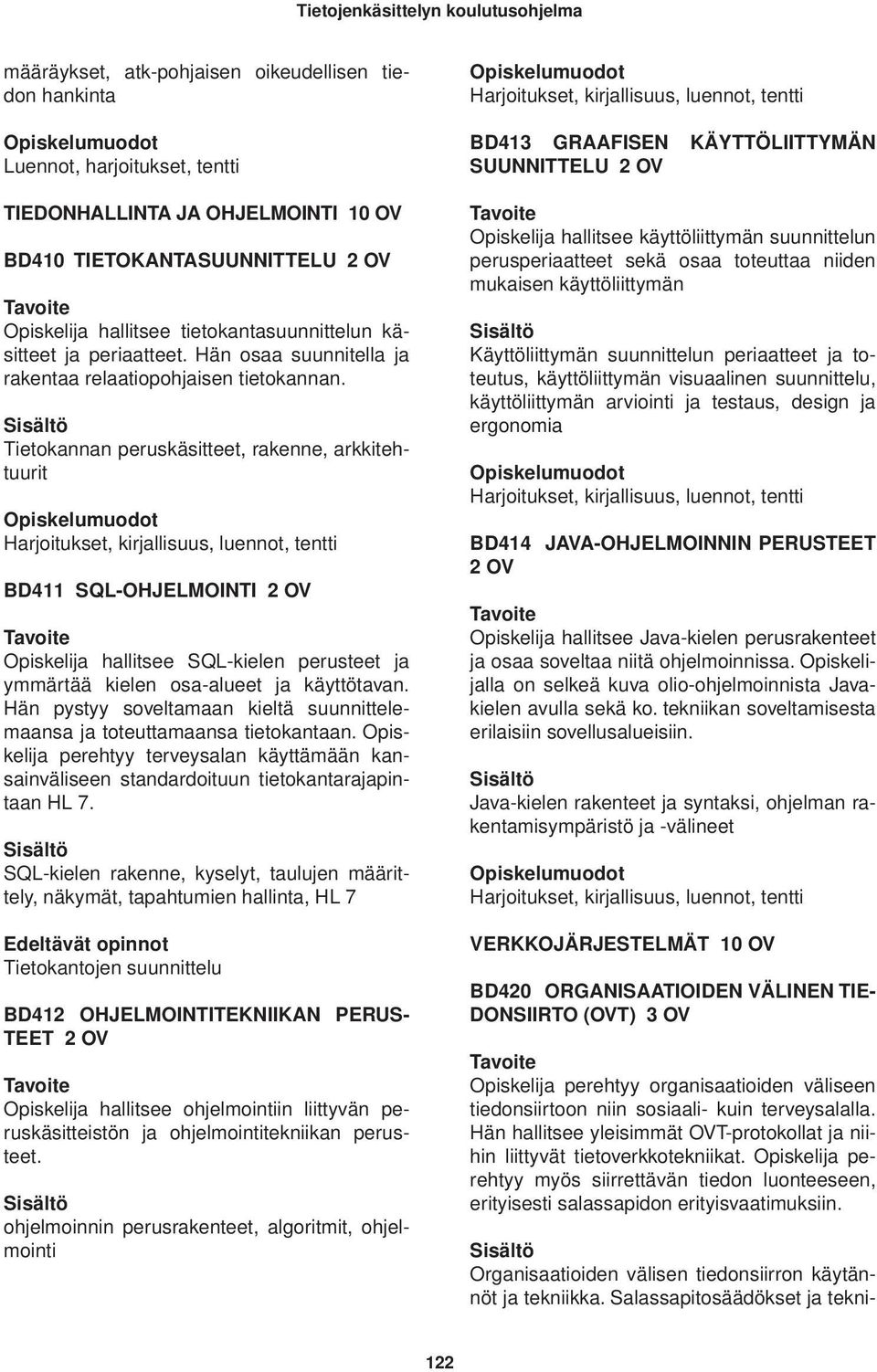 Tietokannan peruskäsitteet, rakenne, arkkitehtuurit, tentti BD411 SQL-OHJELMOINTI 2 OV Opiskelija hallitsee SQL-kielen perusteet ja ymmärtää kielen osa-alueet ja käyttötavan.