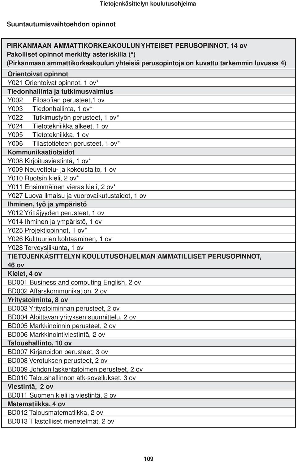 perusteet, 1 ov* Y024 Tietotekniikka alkeet, 1 ov Y005 Tietotekniikka, 1 ov Y006 Tilastotieteen perusteet, 1 ov* Kommunikaatiotaidot Y008 Kirjoitusviestintä, 1 ov* Y009 Neuvottelu- ja kokoustaito, 1