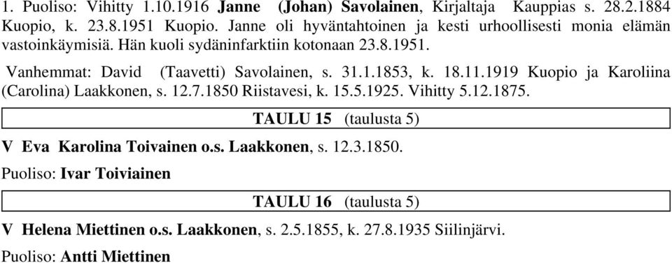 18111919 Kuopio ja Karoliina (Carolina) Laakkonen, s 1271850 Riistavesi, k 1551925 Vihitty 5121875 TAULU 15 (taulusta 5) V Eva Karolina Toivainen