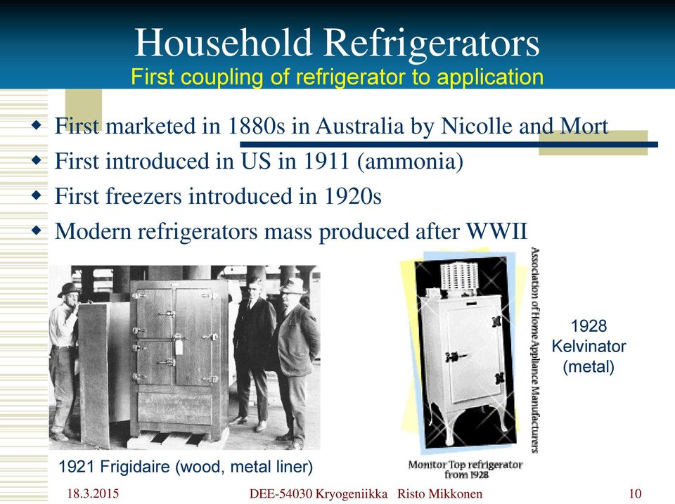 1911 (ammonia) First freezers introduced in 1920s Modern refrigerators mass