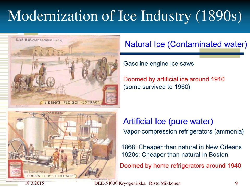 (pure water) Vapor-compression refrigerators (ammonia) 1868: Cheaper than natural in