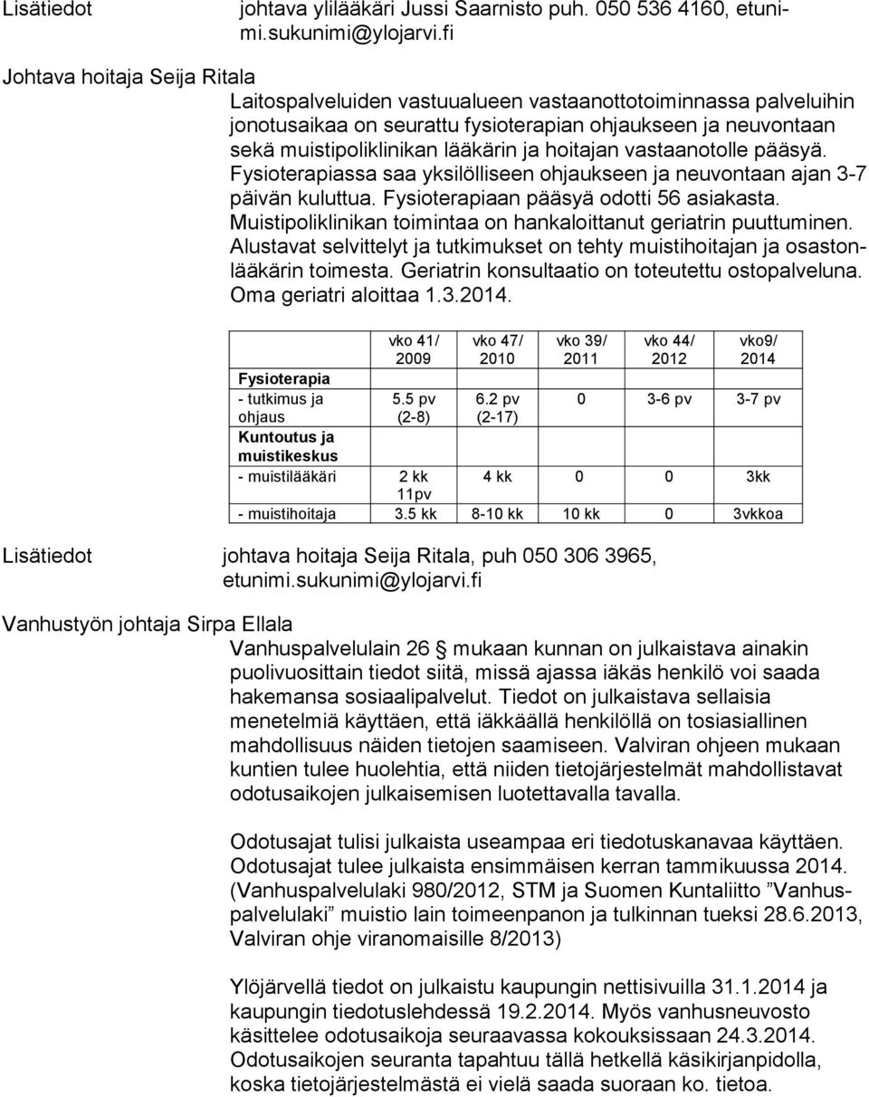 jan vasanotolle pääsyä. Fysioterapiassa saa yksilölliseen oh jauk seen ja neuvonan ajan 3-7 päivän kuluttua. Fy sio te ra pi aan pääsyä odotti 56 asiakas.