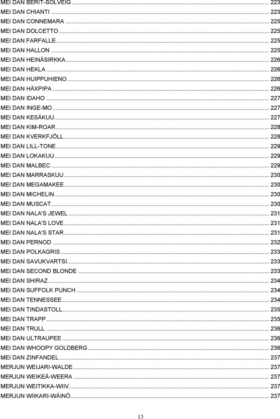 .. 229 MEI DAN LOKAKUU... 229 MEI DAN MALBEC... 229 MEI DAN MARRASKUU... 230 MEI DAN MEGAMAKEE... 230 MEI DAN MICHELIN... 230 MEI DAN MUSCAT... 230 MEI DAN NALA'S JEWEL... 231 MEI DAN NALA'S LOVE.