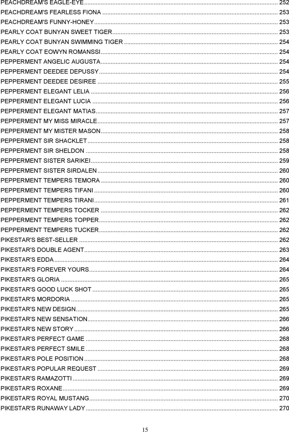 .. 256 PEPPERMENT ELEGANT MATIAS... 257 PEPPERMENT MY MISS MIRACLE... 257 PEPPERMENT MY MISTER MASON... 258 PEPPERMENT SIR SHACKLET... 258 PEPPERMENT SIR SHELDON... 258 PEPPERMENT SISTER SARIKEI.