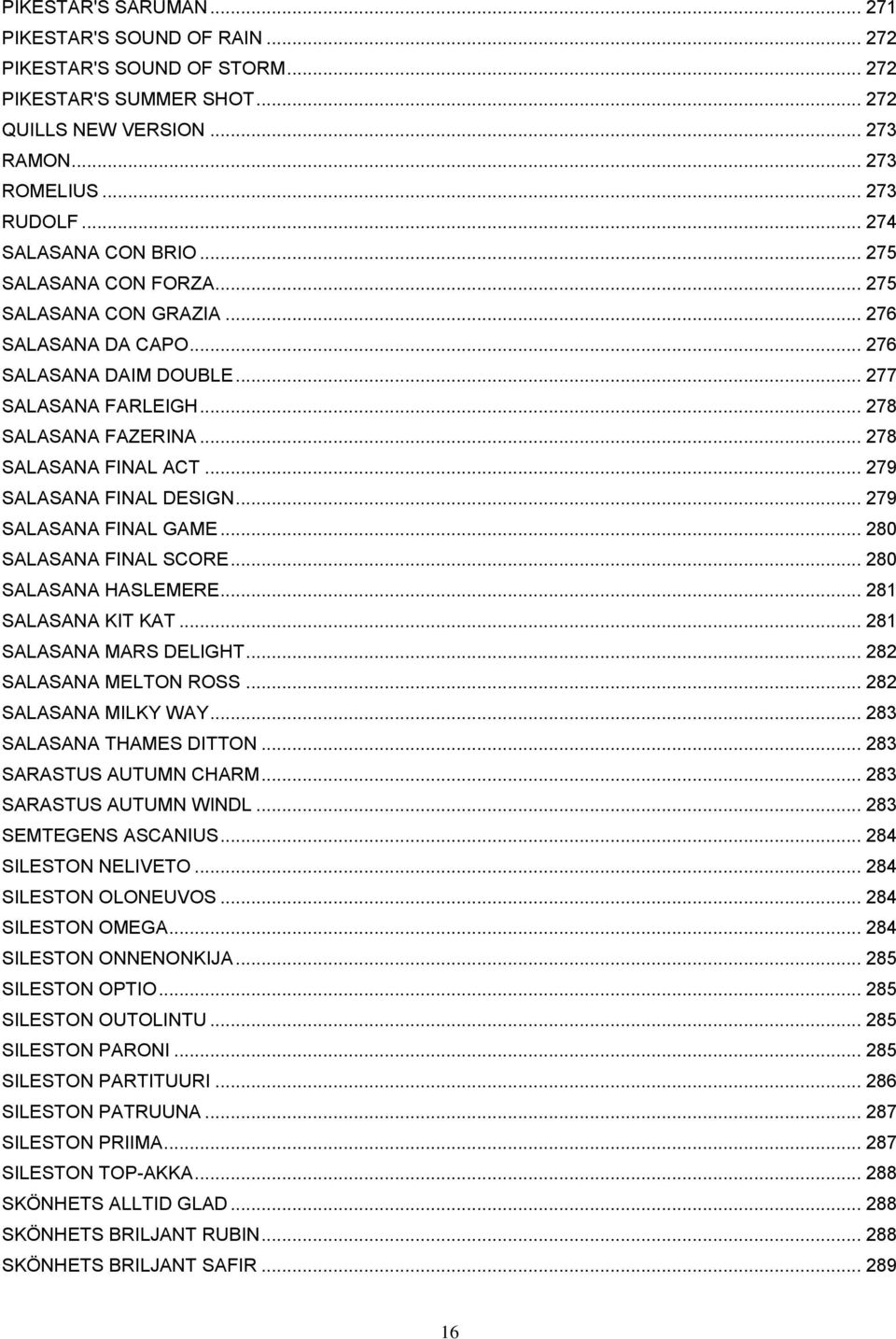 .. 278 SALASANA FINAL ACT... 279 SALASANA FINAL DESIGN... 279 SALASANA FINAL GAME... 280 SALASANA FINAL SCORE... 280 SALASANA HASLEMERE... 281 SALASANA KIT KAT... 281 SALASANA MARS DELIGHT.