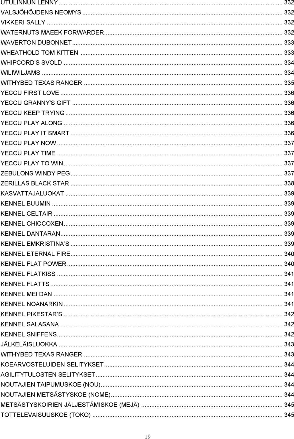 .. 337 YECCU PLAY TO WIN... 337 ZEBULONS WINDY PEG... 337 ZERILLAS BLACK STAR... 338 KASVATTAJALUOKAT... 339 KENNEL BUUMIN... 339 KENNEL CELTAIR... 339 KENNEL CHICCOXEN... 339 KENNEL DANTARAN.