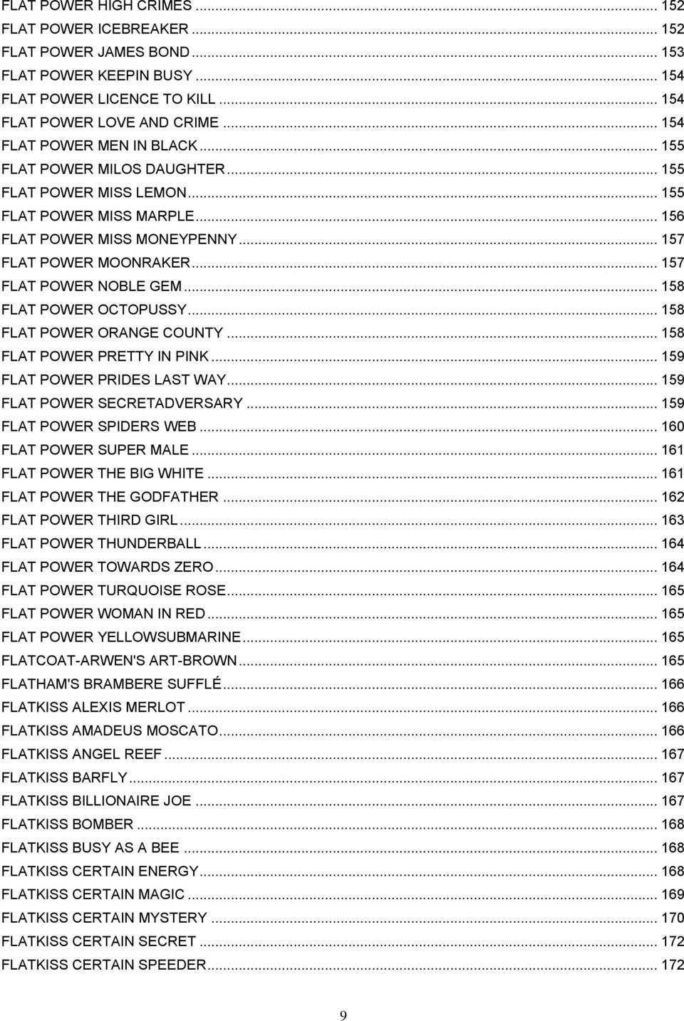 .. 157 FLAT POWER NOBLE GEM... 158 FLAT POWER OCTOPUSSY... 158 FLAT POWER ORANGE COUNTY... 158 FLAT POWER PRETTY IN PINK... 159 FLAT POWER PRIDES LAST WAY... 159 FLAT POWER SECRETADVERSARY.