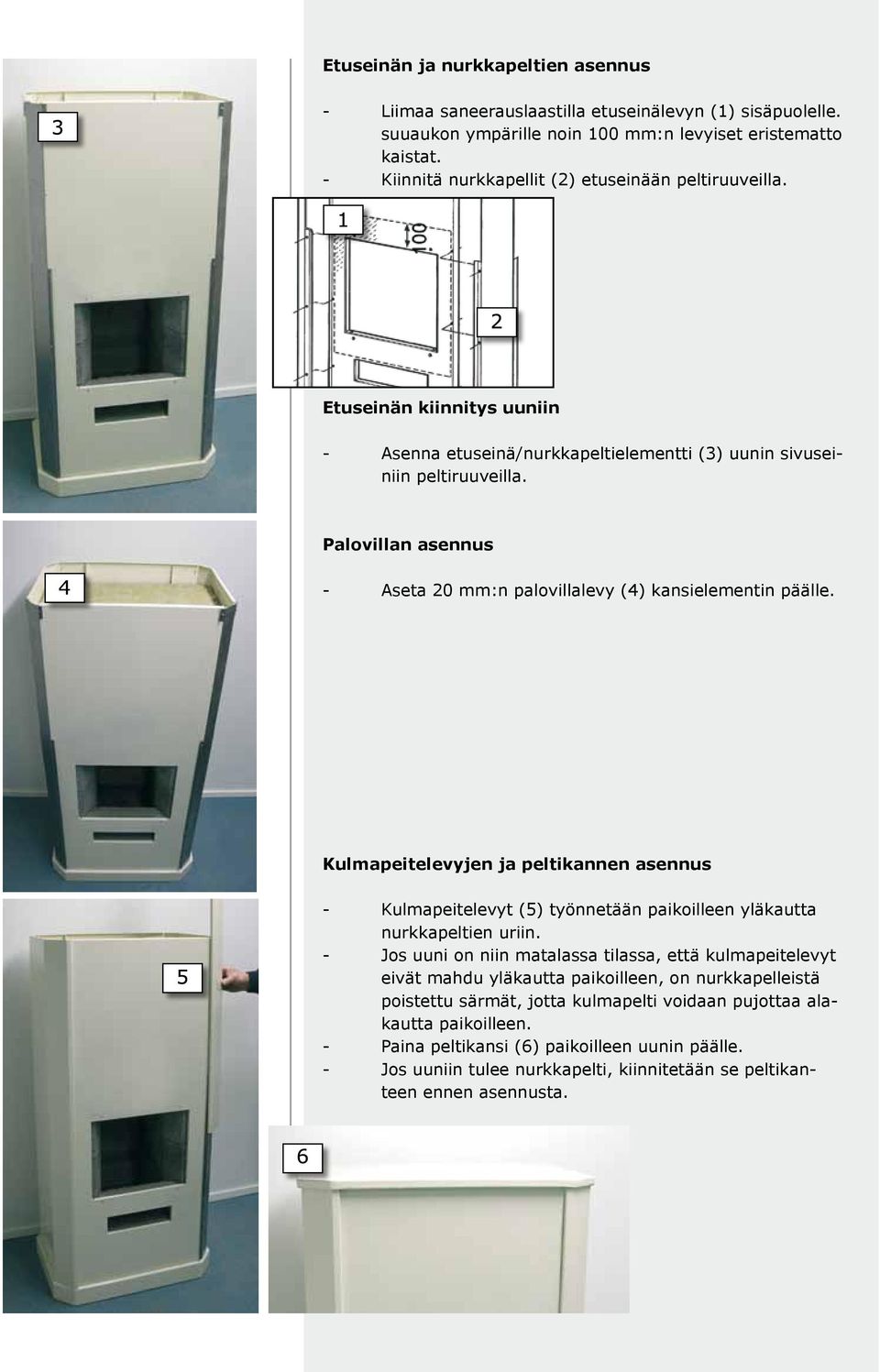 Palovillan asennus - Aseta 20 mm:n palovillalevy (4) kansielementin päälle. Kulmapeitelevyjen ja peltikannen asennus - Kulmapeitelevyt (5) työnnetään paikoilleen yläkautta nurkkapeltien uriin.