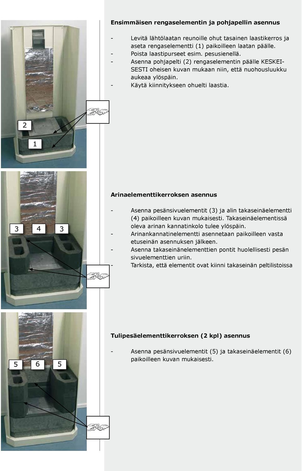 Arinaelementtikerroksen asennus - Asenna pesänsivuelementit (3) ja alin takaseinäelementti (4) paikoilleen kuvan mukaisesti. Takaseinäelementissä oleva arinan kannatinkolo tulee ylöspäin.