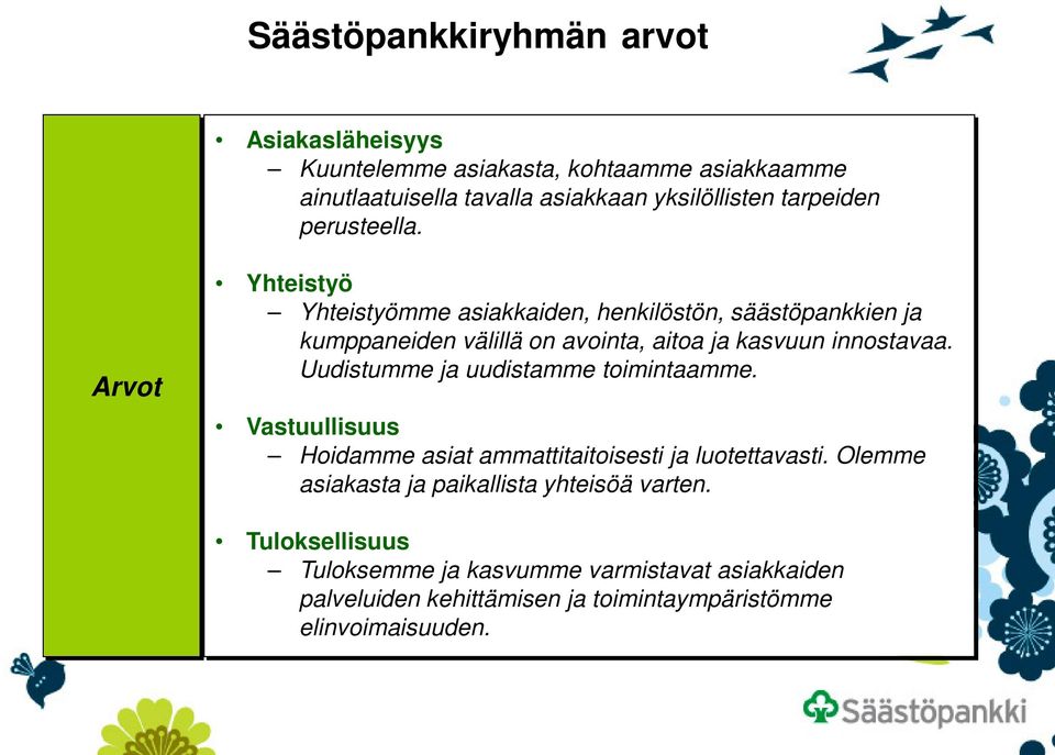 Arvot Yhteistyö Yhteistyömme asiakkaiden, henkilöstön, säästöpankkien ja kumppaneiden välillä on avointa, aitoa ja kasvuun innostavaa.