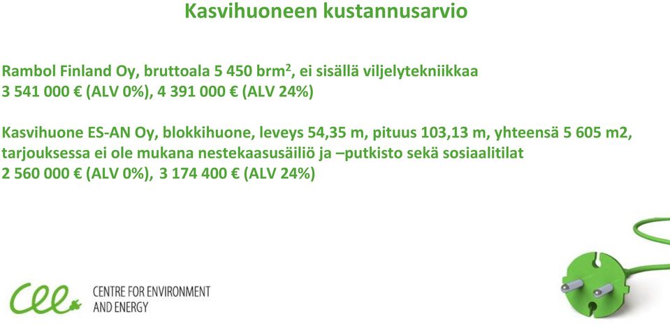 blokkihuone, leveys 54,35 m, pituus 103,13 m, yhteensä 5 605 m2, tarjouksessa ei ole