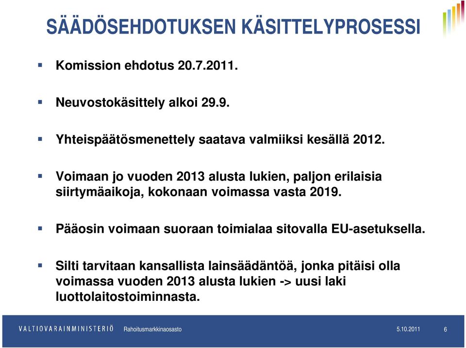 Voimaan jo vuoden 2013 alusta lukien, paljon erilaisia siirtymäaikoja, kokonaan voimassa vasta 2019.