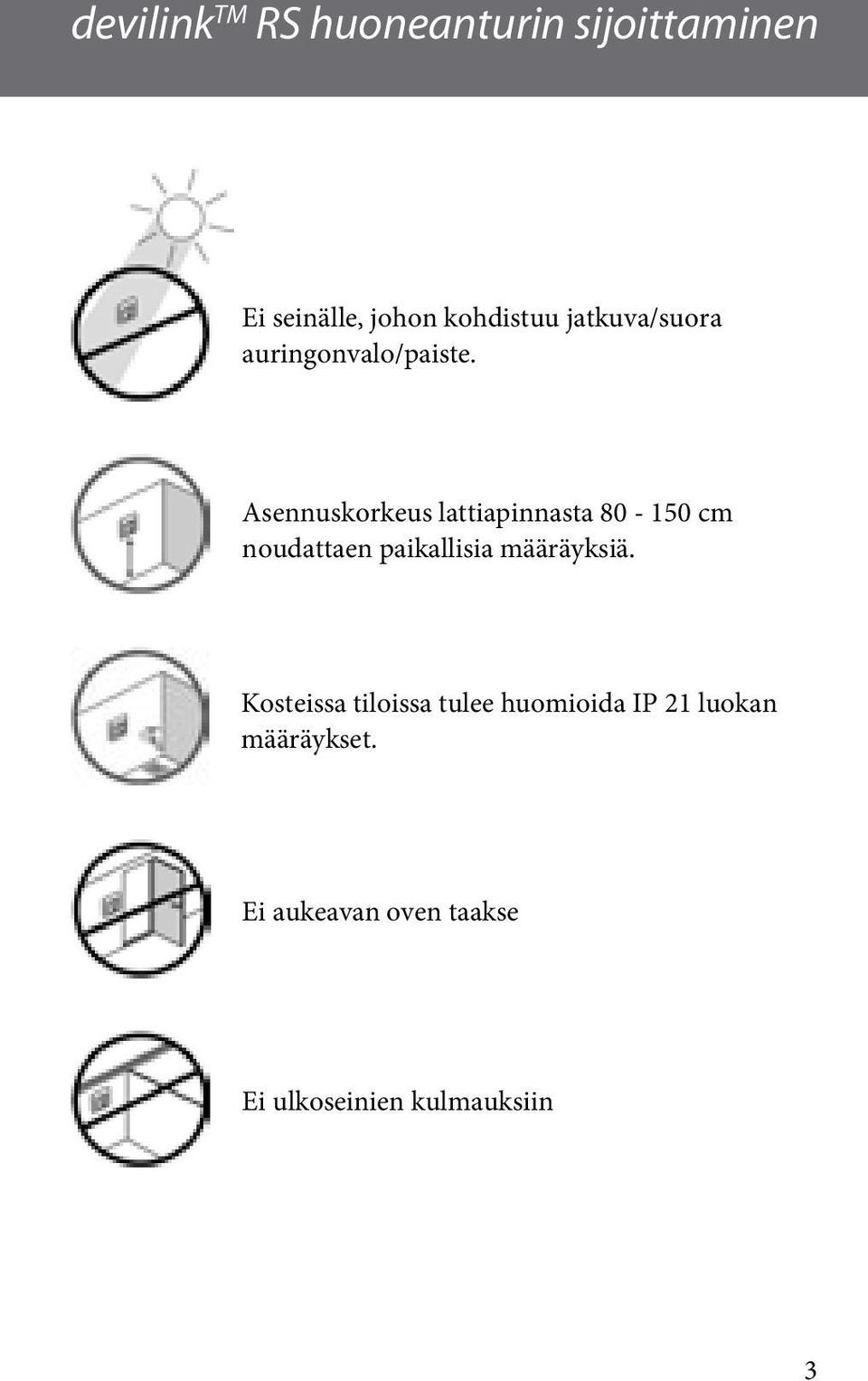 Asennuskorkeus lattiapinnasta 80-150 cm noudattaen paikallisia määräyksiä.