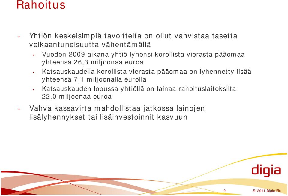 lyhennetty lisää yhteensä 7,1 miljoonalla eurolla Katsauskauden lopussa yhtiöllä on lainaa rahoituslaitoksilta 22,0