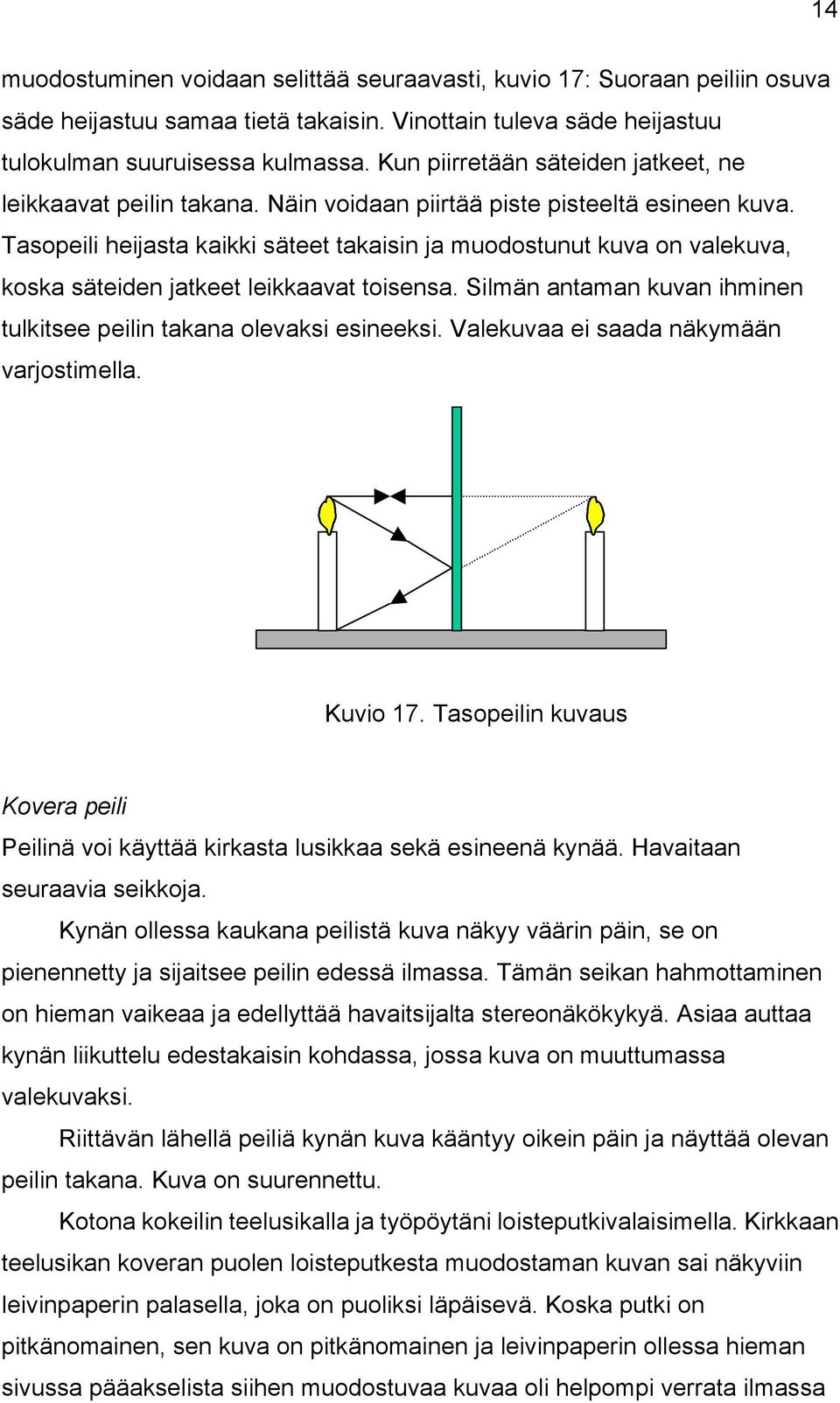 Tasopeili heijasta kaikki säteet takaisin ja muodostunut kuva on valekuva, koska säteiden jatkeet leikkaavat toisensa. Silmän antaman kuvan ihminen tulkitsee peilin takana olevaksi esineeksi.