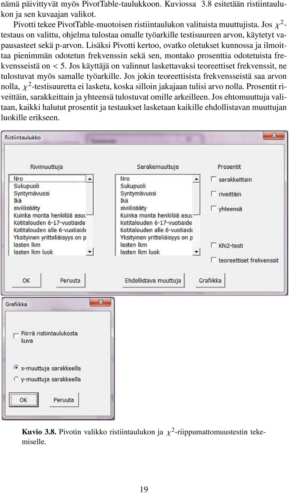 Lisäksi Pivotti kertoo, ovatko oletukset kunnossa ja ilmoittaa pienimmän odotetun frekvenssin sekä sen, montako prosenttia odotetuista frekvensseistä on < 5.