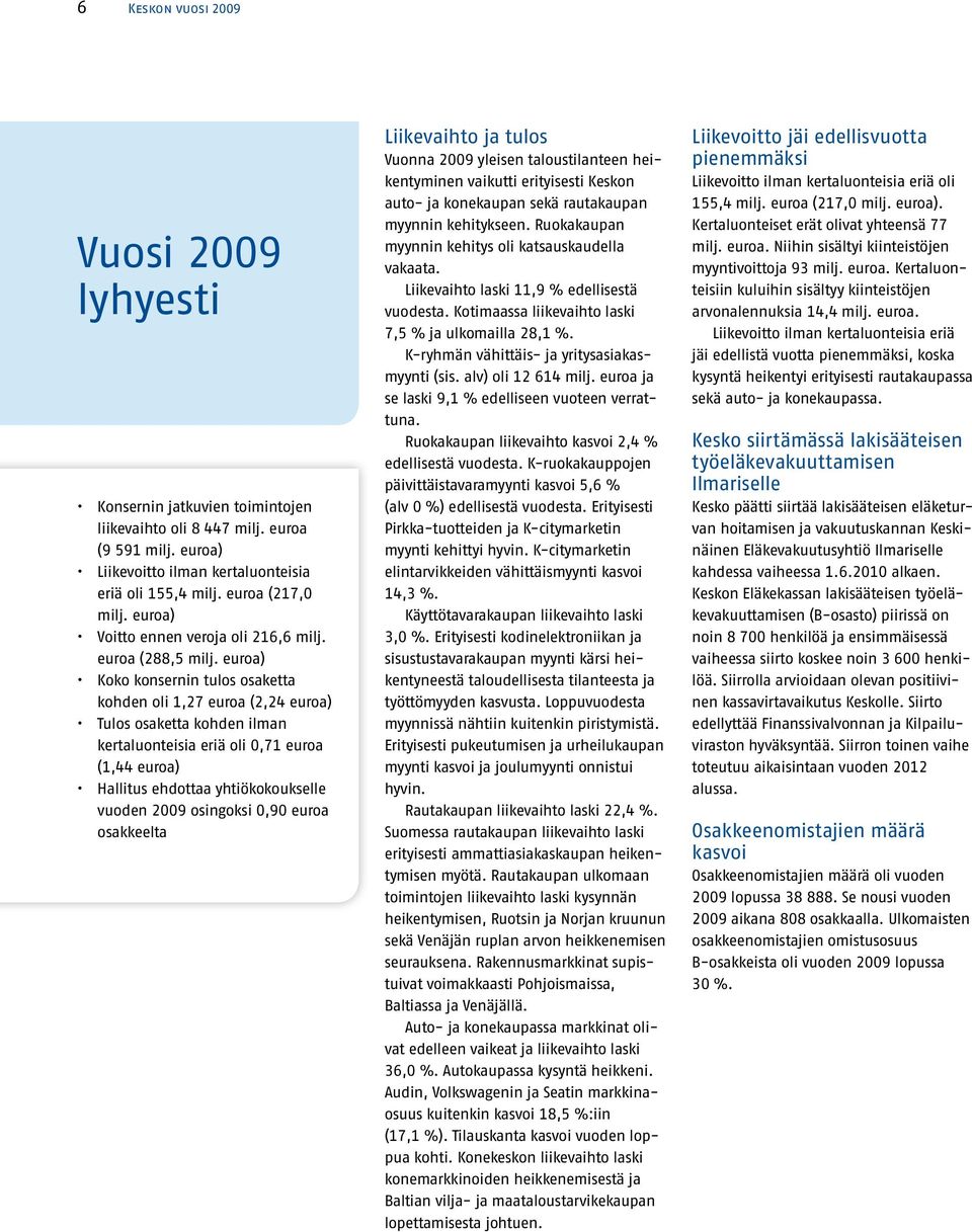 euroa) Koko konsernin tulos osaketta kohden oli 1,27 euroa (2,24 euroa) Tulos osaketta kohden ilman kertaluonteisia eriä oli 0,71 euroa (1,44 euroa) Hallitus ehdottaa yhtiökokoukselle vuoden 2009