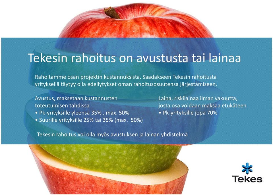 Avustus, maksetaan kustannusten toteutumisen tahdissa Pk-yrityksille yleensä 35%, max.