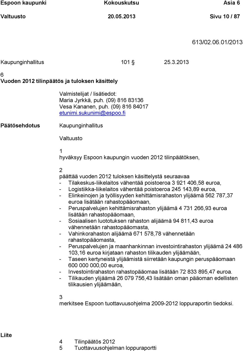 fi Päätösehdotus Kaupunginhallitus Valtuusto 1 hyväksyy Espoon kaupungin vuoden 2012 tilinpäätöksen, 2 päättää vuoden 2012 tuloksen käsittelystä seuraavaa - Tilakeskus-liikelaitos vähentää poistoeroa