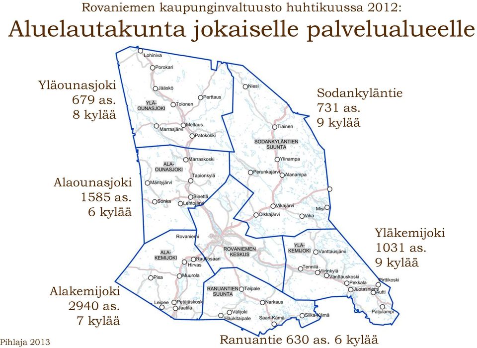 8 kylää Sodankyläntie 731 as. 9 kylää Alaounasjoki 1585 as.