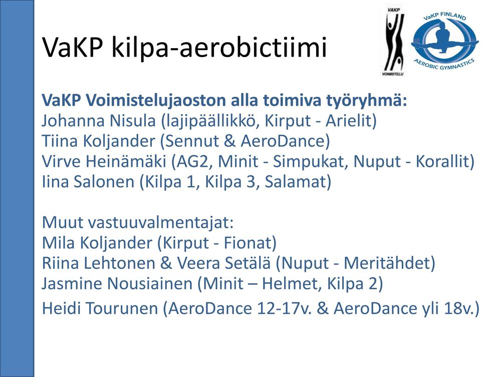 Salonen (Kilpa 1, Kilpa 3, Salamat) Muut vastuuvalmentajat: Mila Koljander (Kirput - Fionat) Riina Lehtonen & Veera