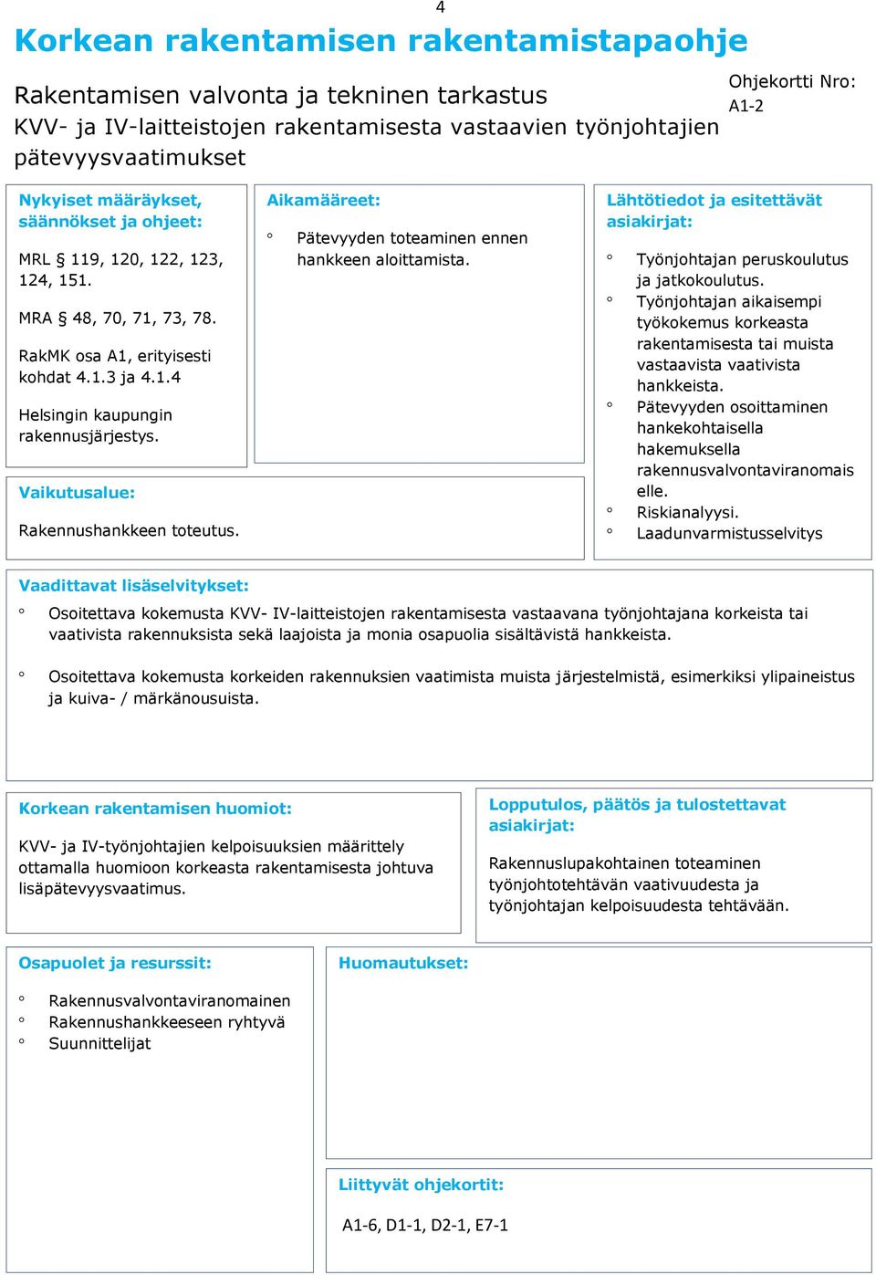 Työnjhtajan peruskulutus ja jatkkulutus. Työnjhtajan aikaisempi työkkemus krkeasta rakentamisesta tai muista vastaavista vaativista hankkeista.