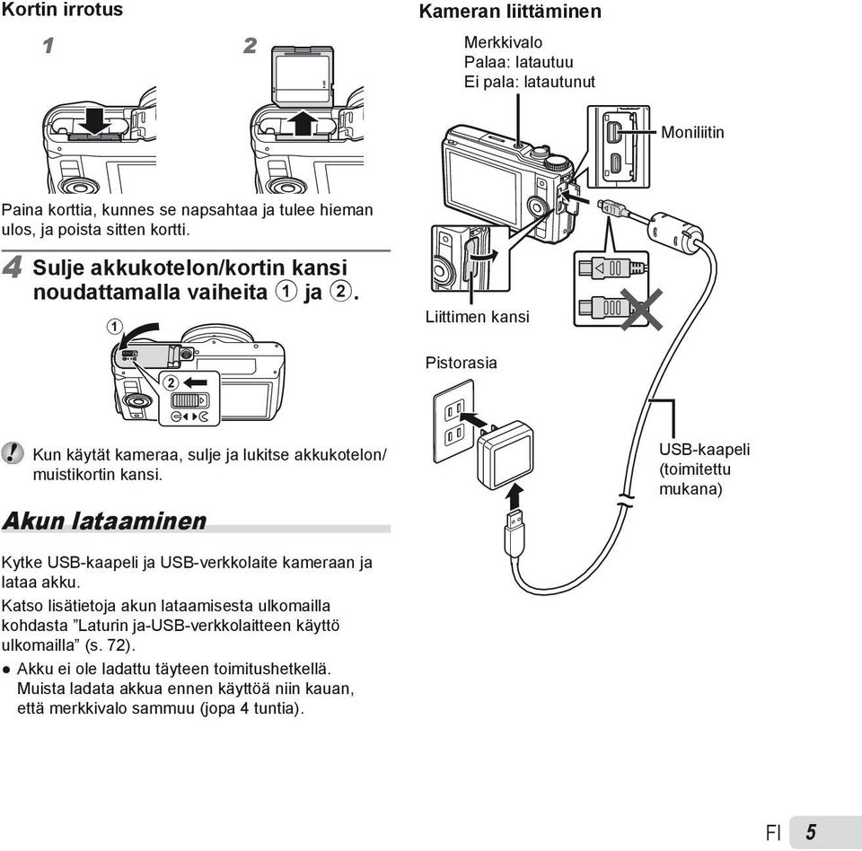 Akun lataaminen USB-kaapeli (toimitettu mukana) Kytke USB-kaapeli ja USB-verkkolaite kameraan ja lataa akku.