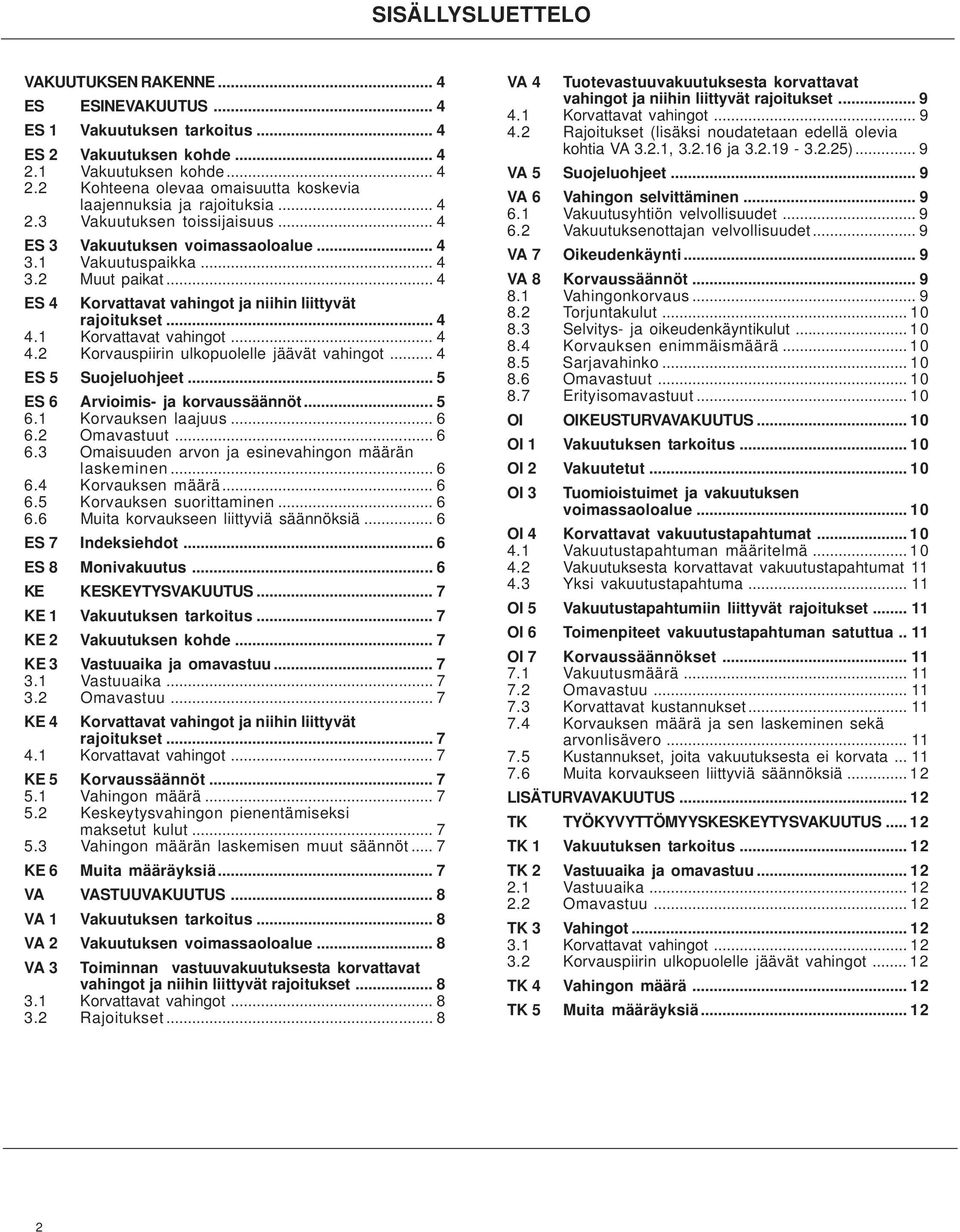 1 Korvattavat vahingot... 4 4.2 Korvauspiirin ulkopuolelle jäävät vahingot... 4 ES 5 Suojeluohjeet... 5 ES 6 Arvioimis- ja korvaussäännöt... 5 6.1 Korvauksen laajuus... 6 6.