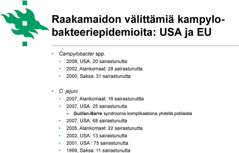 jejuni 2007, Alankomaat: 16 sairastunuttta 2007, USA: 25 sairastunutta Guillan-Barre syndrooma komplikaationa