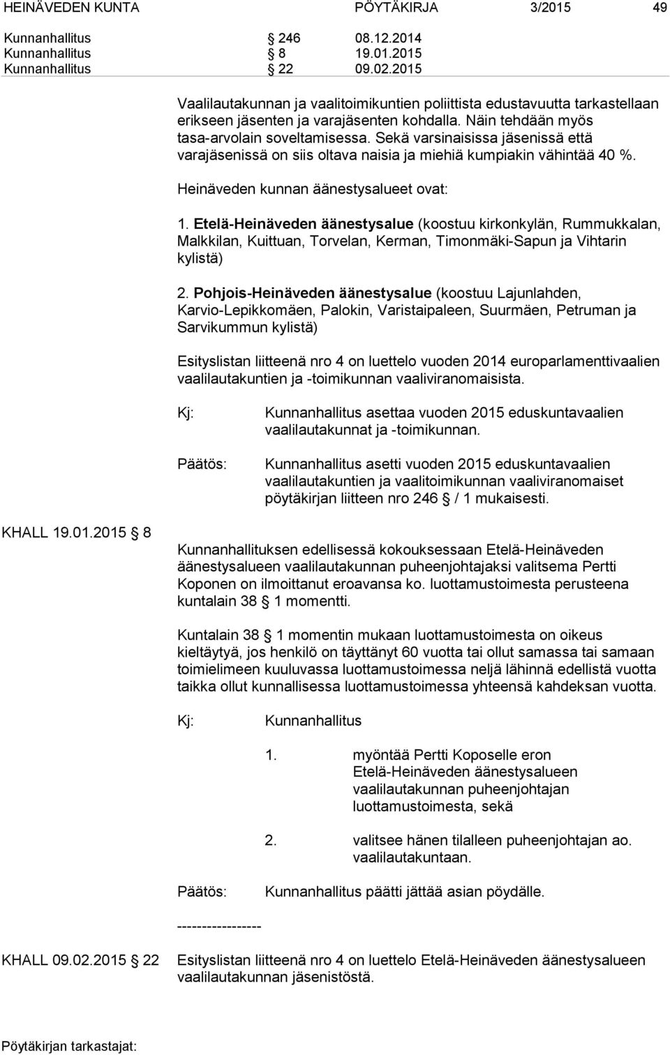 Sekä varsinaisissa jäsenissä että varajäsenissä on siis oltava naisia ja miehiä kumpiakin vähintää 40 %. Heinäveden kunnan äänestysalueet ovat: 1.
