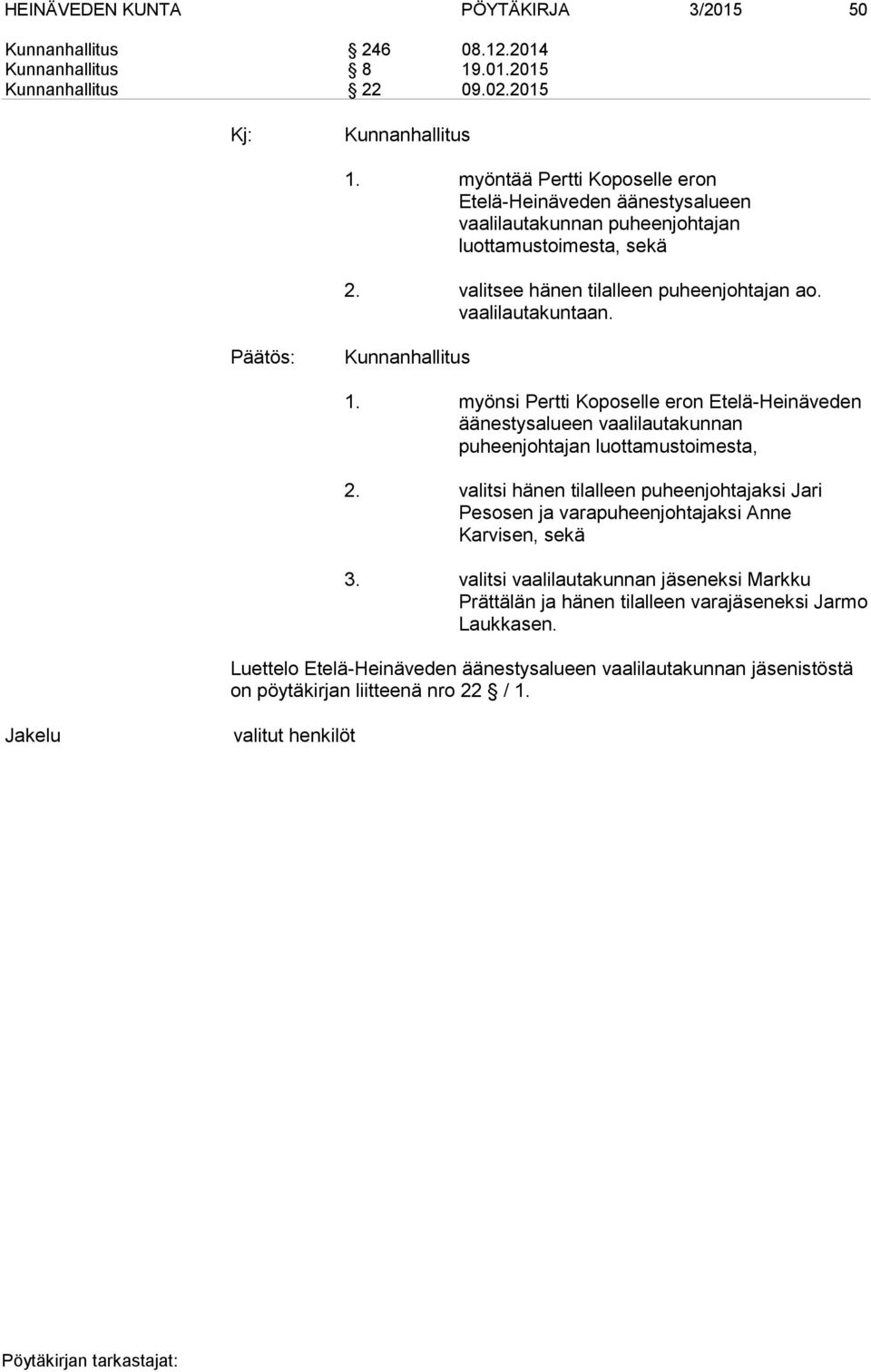 Kunnanhallitus 1. myönsi Pertti Koposelle eron Etelä-Heinäveden äänestysalueen vaalilautakunnan puheenjohtajan luottamustoimesta, 2.