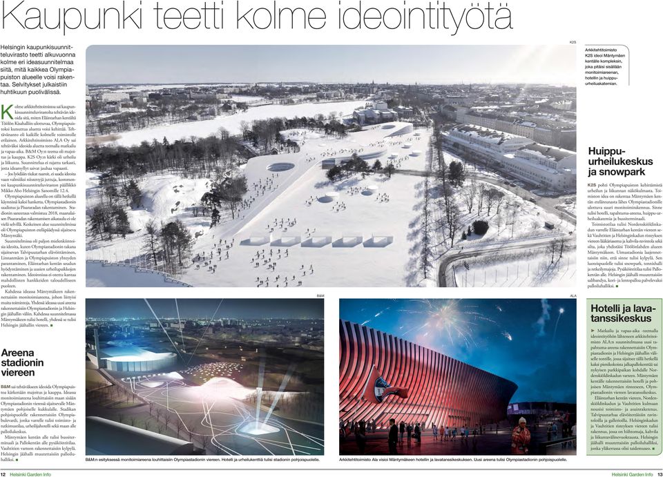 Kolme arkkitehtitoimistoa sai kaupunkisuunnitteluvirastolta tehtävän ideoida sitä, miten Eläintarhan kentältä Töölön Kisahalliin ulottuvaa, Olympiapuistoksi kutsuttua aluetta voisi kehittää.