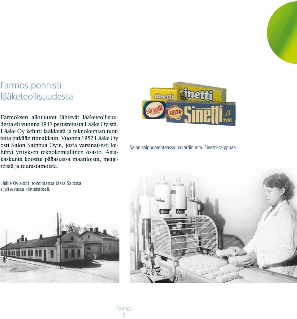 Vuonna 1952 Lääke Oy osti Salon Saippua Oy:n, josta varsinaisesti kehittyi yrityksen teknokemiallinen osasto.