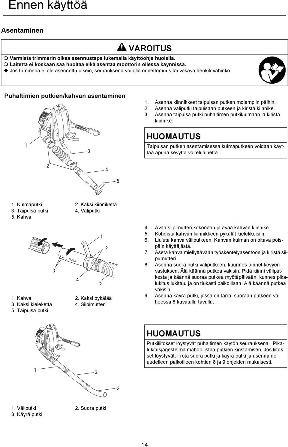 Asenna väliputki taipuisaan putkeen ja kiristä kiinnike. 3. Asenna taipuisa putki puhaltimen putkikulmaan ja kiristä kiinnike.