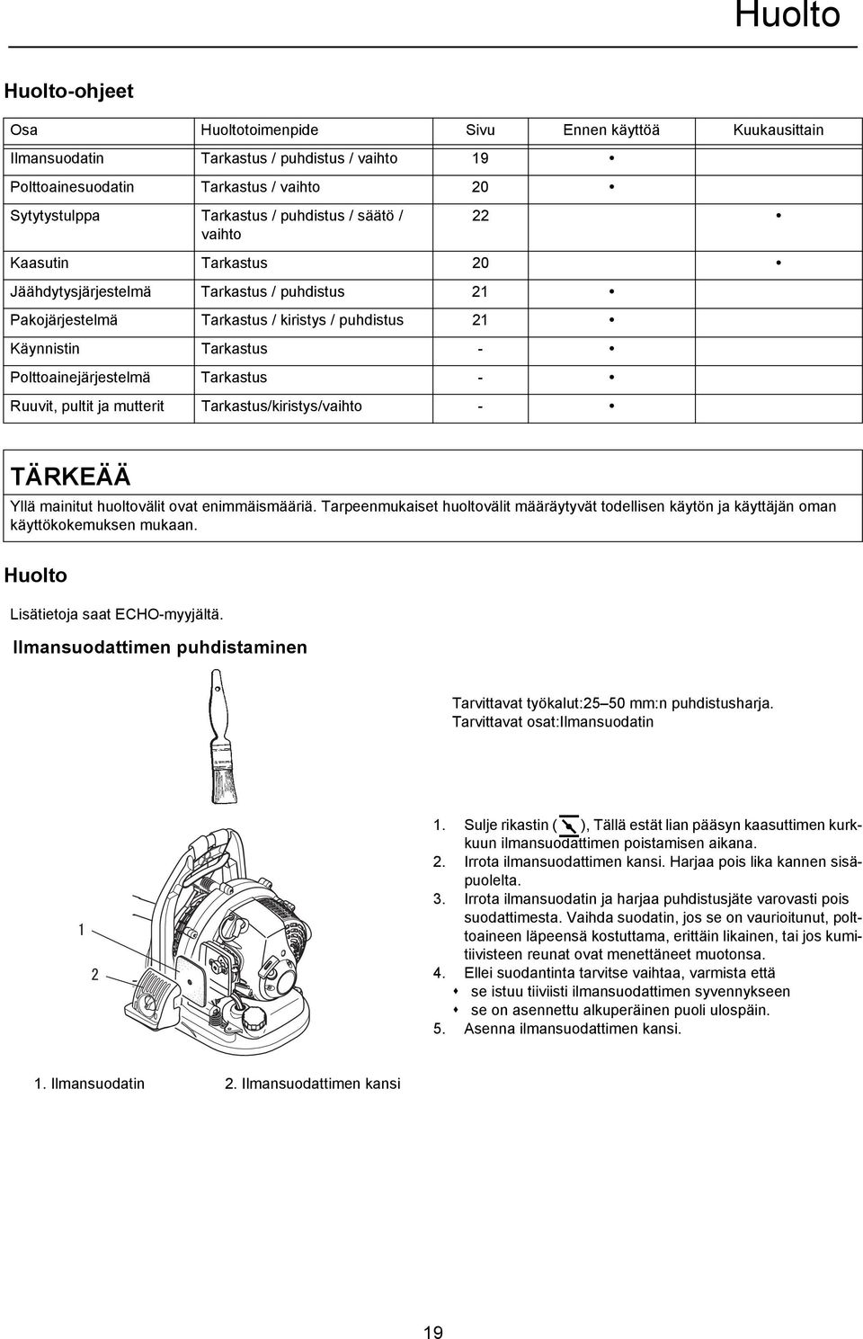 Tarkastus - Ruuvit, pultit ja mutterit Tarkastus/kiristys/vaihto - TÄRKEÄÄ Yllä mainitut huoltovälit ovat enimmäismääriä.
