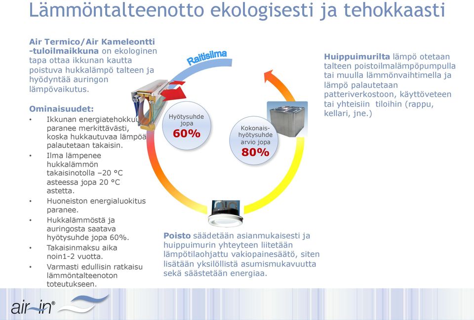 Huoneiston energialuokitus paranee. Hukkalämmöstä ja auringosta saatava hyötysuhde jopa 60%. Takaisinmaksu aika noin1-2 vuotta. Varmasti edullisin ratkaisu lämmöntalteenoton toteutukseen.