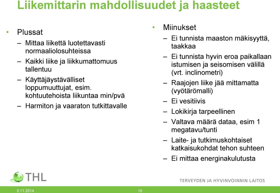 kohtuutehoista liikuntaa min/pvä Harmiton ja vaaraton tutkittavalle Miinukset Ei tunnista maaston mäkisyyttä, taakkaa Ei tunnista hyvin eroa paikallaan