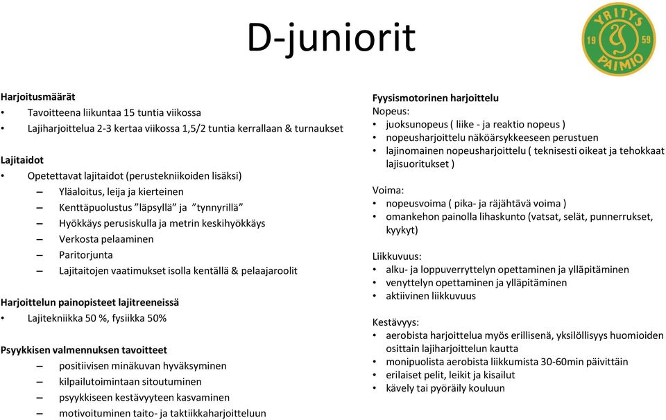 & pelaajaroolit Harjoittelun painopisteet lajitreeneissä Lajitekniikka 50 %, fysiikka 50% Psyykkisen valmennuksen tavoitteet positiivisen minäkuvan hyväksyminen kilpailutoimintaan sitoutuminen