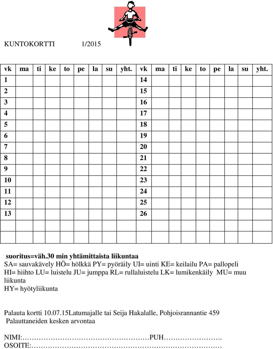30 min yhtämittaista liikuntaa SA= sauvakävely HÖ= hölkkä PY= pyöräily UI= uinti KE= keilailu PA= pallopeli HI= hiihto LU=