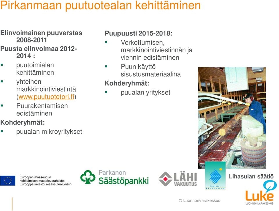 fi) Puurakentamisen edistäminen Kohderyhmät: puualan mikroyritykset Puupuusti 2015-2018:
