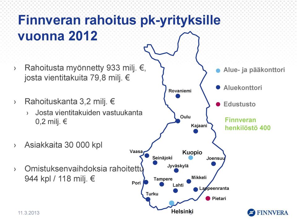 Rovaniemi Oulu Kajaani Alue- ja pääkonttori Aluekonttori Edustusto Finnveran henkilöstö 400 Asiakkaita 30 000 kpl