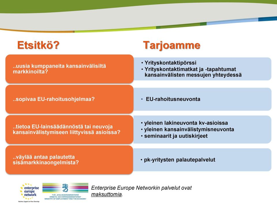 .sopivaa EU-rahoitusohjelmaa? EU-rahoitusneuvonta..tietoa EU-lainsäädännöstä tai neuvoja kansainvälistymiseen liittyvissä asioissa?