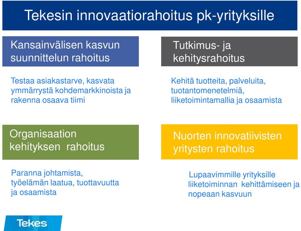 tuotantomenetelmiä, liiketoimintamallia ja osaamista Organisaation kehityksen rahoitus Paranna johtamista, työelämän