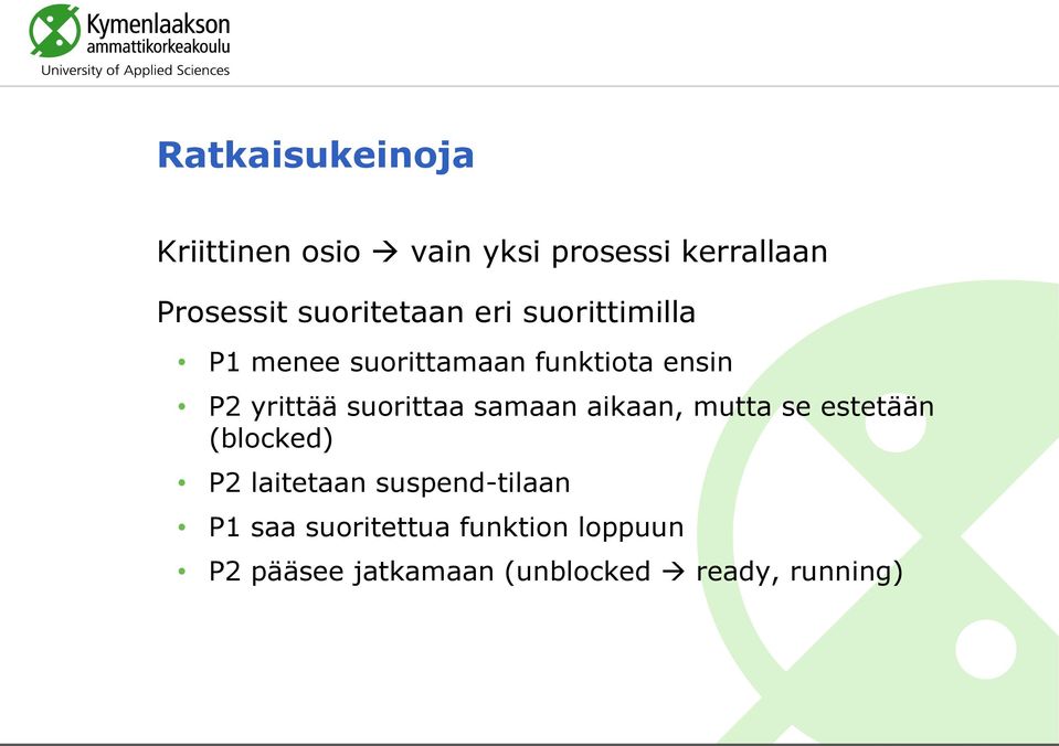 suorittaa samaan aikaan, mutta se estetään (blocked) P2 laitetaan