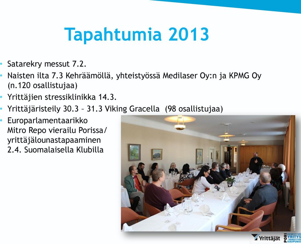 120 osallistujaa) Yrittäjien stressiklinikka 14.3. Yrittäjäristeily 30.3 31.
