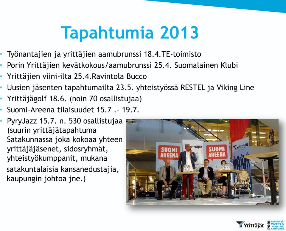 (noin 70 osallistujaa) Suomi-Areena tilaisuudet 15.7. 19.7. PyryJazz 15.7. n.