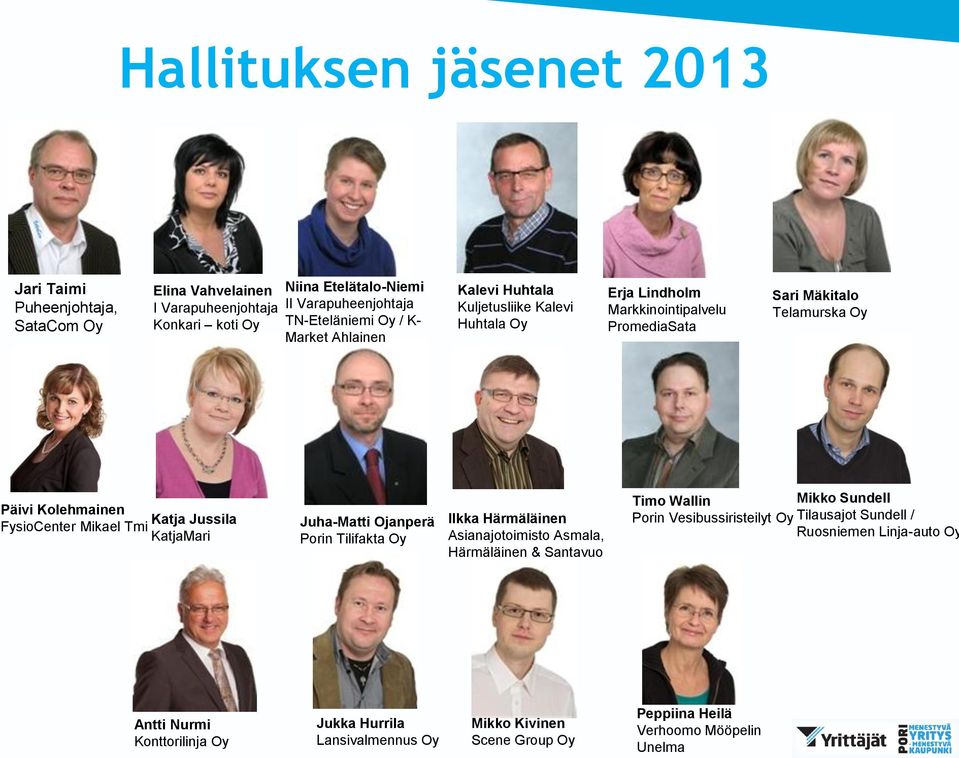 FysioCenter Mikael Tmi KatjaMari Juha-Matti Ojanperä Porin Tilifakta Oy Ilkka Härmäläinen Asianajotoimisto Asmala, Härmäläinen & Santavuo Timo Wallin Mikko Sundell Porin