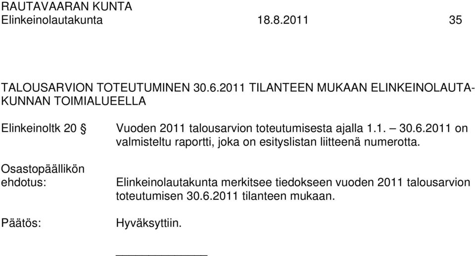 Vuoden 2011 talousarvion toteutumisesta ajalla 1.1. 30.6.